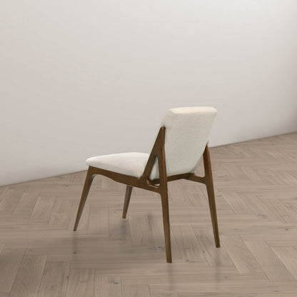 Beige upholstered dining chair set with dark wooden legs 2 chairs shown on Tampa Home & Garden Store