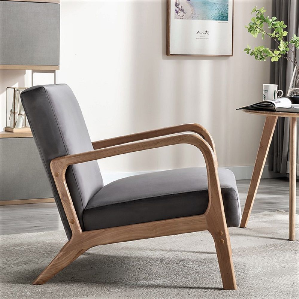 Classic Mid-Century Arm Chair by HouseOfZazla with open wood frame and gray cushioning on Tampa Home & Garden Store