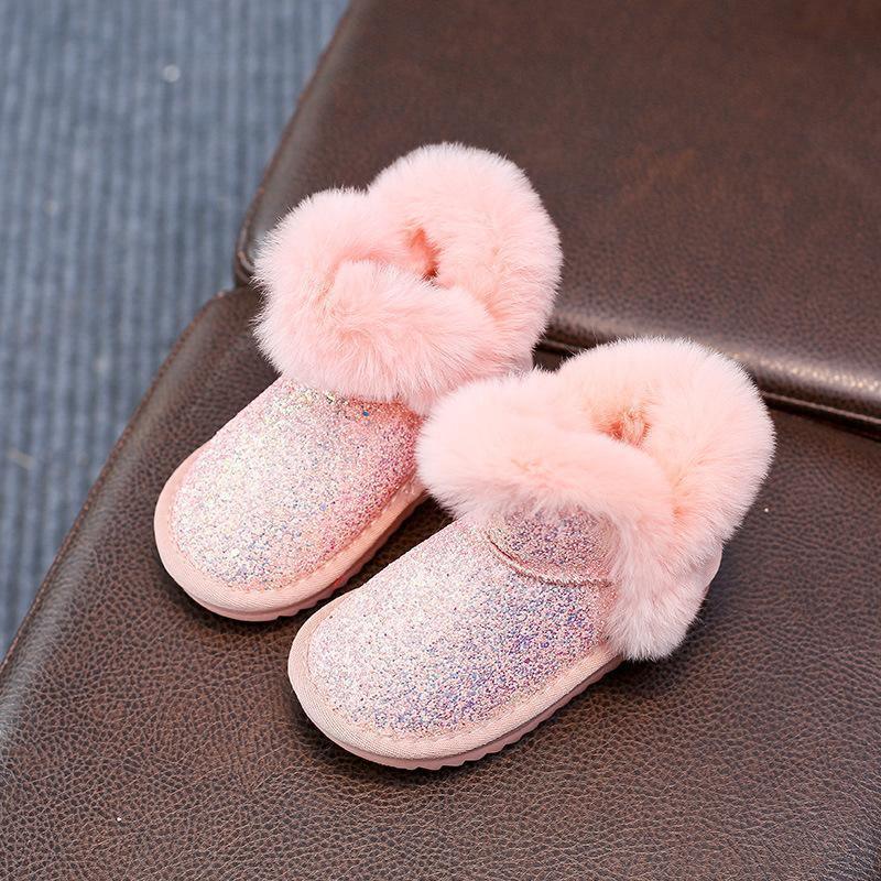 Toddler durable winter snow boots Stevvex glitter pink pair with soft fur trim on Tampa Home & Garden Store