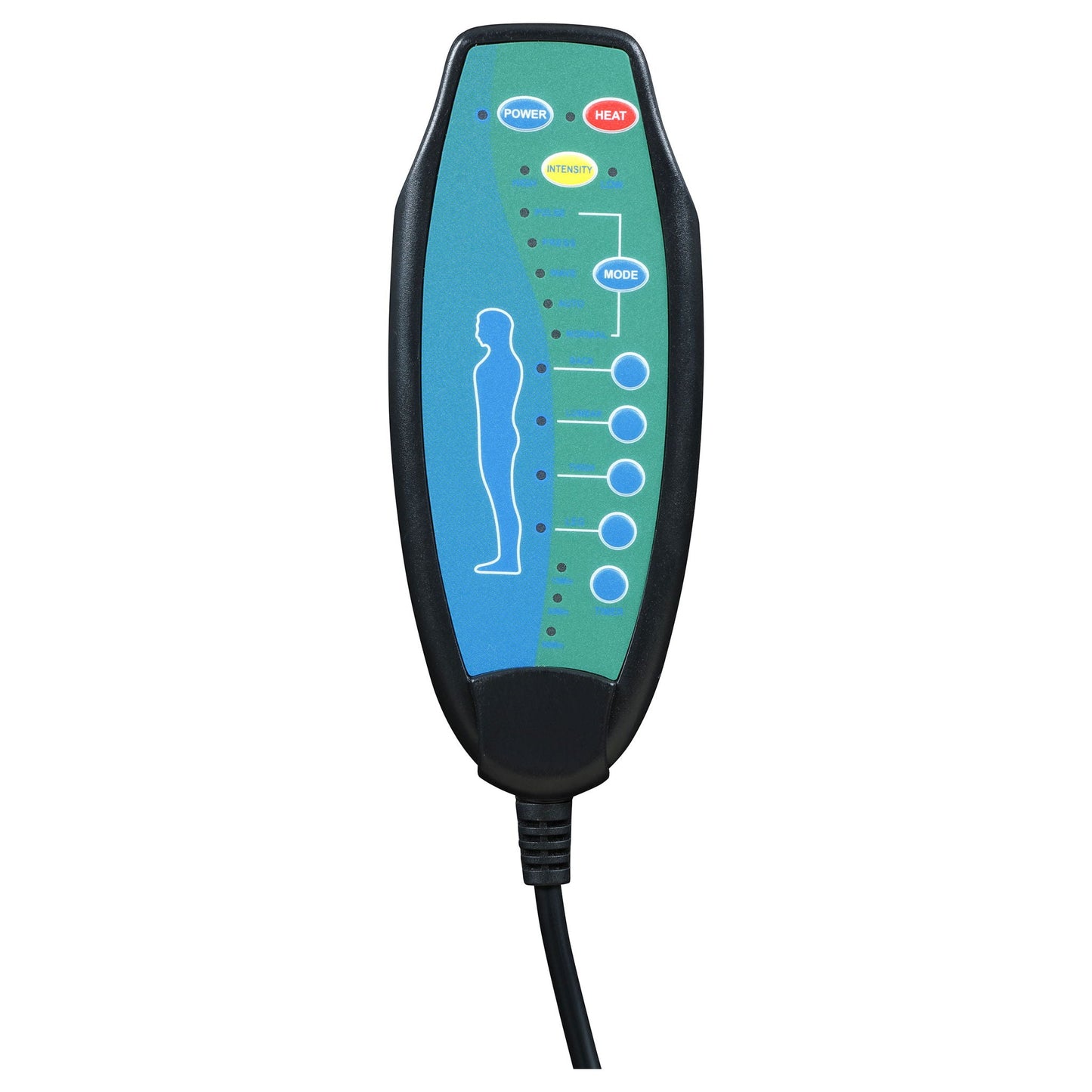 Macklin Power Lift massage recliner remote panel in green with blue Power and red Heat buttons on Tampa Home & Garden Store