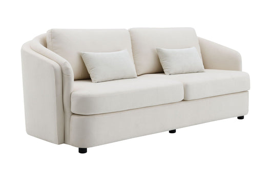 Mariko linen stationary sofa in beige with 2 striped toss pillows by HouseOfZazla on Tampa Home & Garden Store