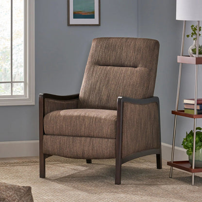 Drury Contemporary Fabric Pushback Recliner, brown textured fabric with dark wood arms on Tampa Home & Garden Store