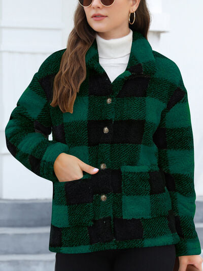 Stevvex green plaid fuzzy button-up jacket with drop shoulders cozy casual fit on Tampa Home & Garden Store