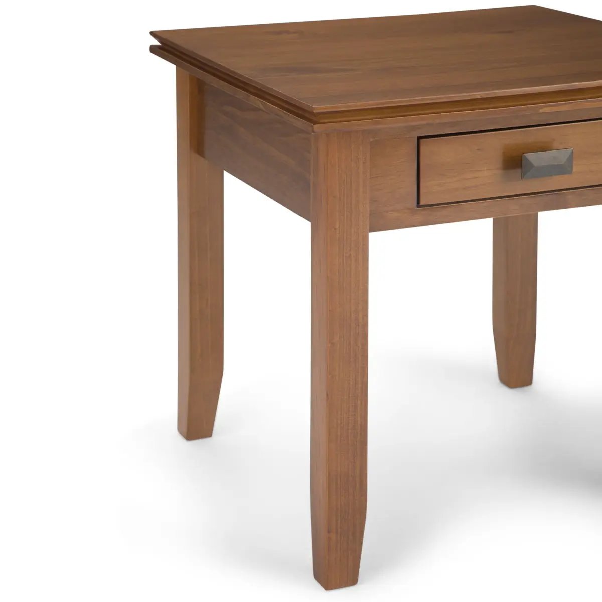 Artisan End Table in warm brown wood with a single drawer and square metal pull on Tampa Home & Garden Store