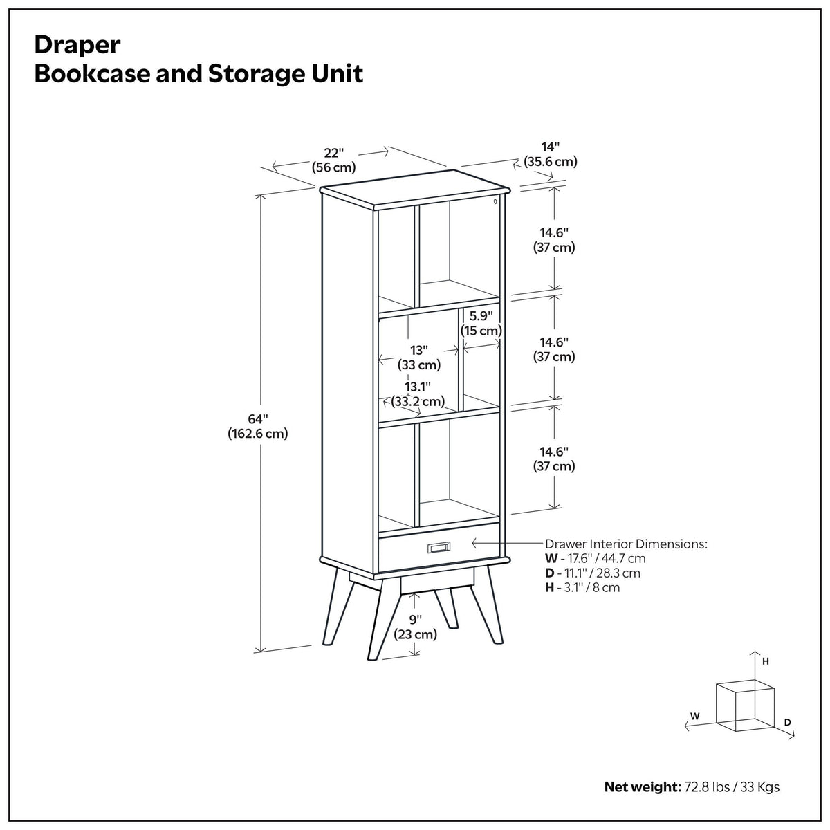 Mid Century Wide Bookcase and Storage Drawers line drawing with open shelves blueprint on Tampa Home & Garden Store