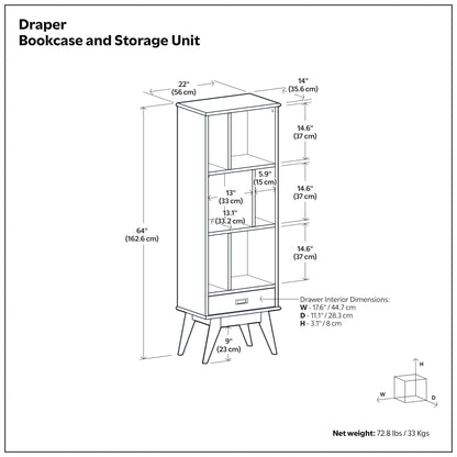 Mid Century Wide Bookcase and Storage Drawers line drawing with open shelves blueprint on Tampa Home & Garden Store