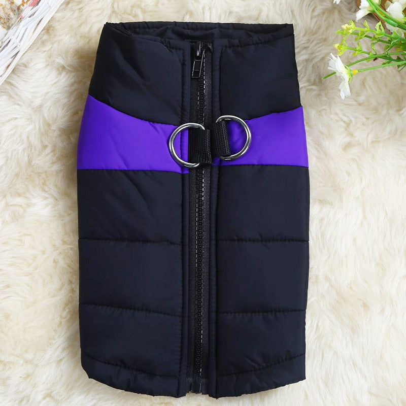 Dog winter coat vest, quilted navy with purple stripe, front zipper and D-rings on Tampa Home & Garden Store