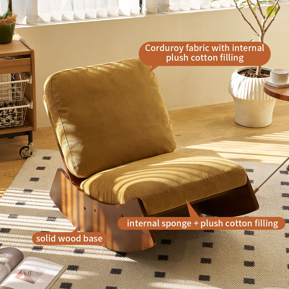 Upholstered Glider Rocking Chair with camel corduroy fabric and solid wood base by HouseOfZazla on Tampa Home & Garden Store