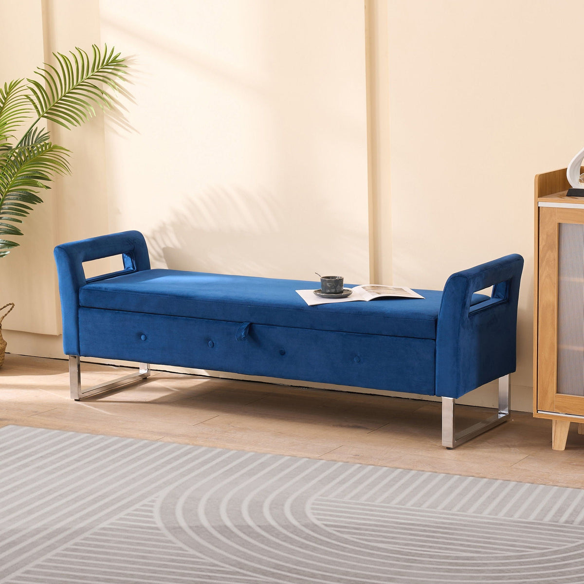Wide Storage Ottoman Bench with Armrests - Fabric in blue by HouseOfZazla, tufted sides on Tampa Home & Garden Store