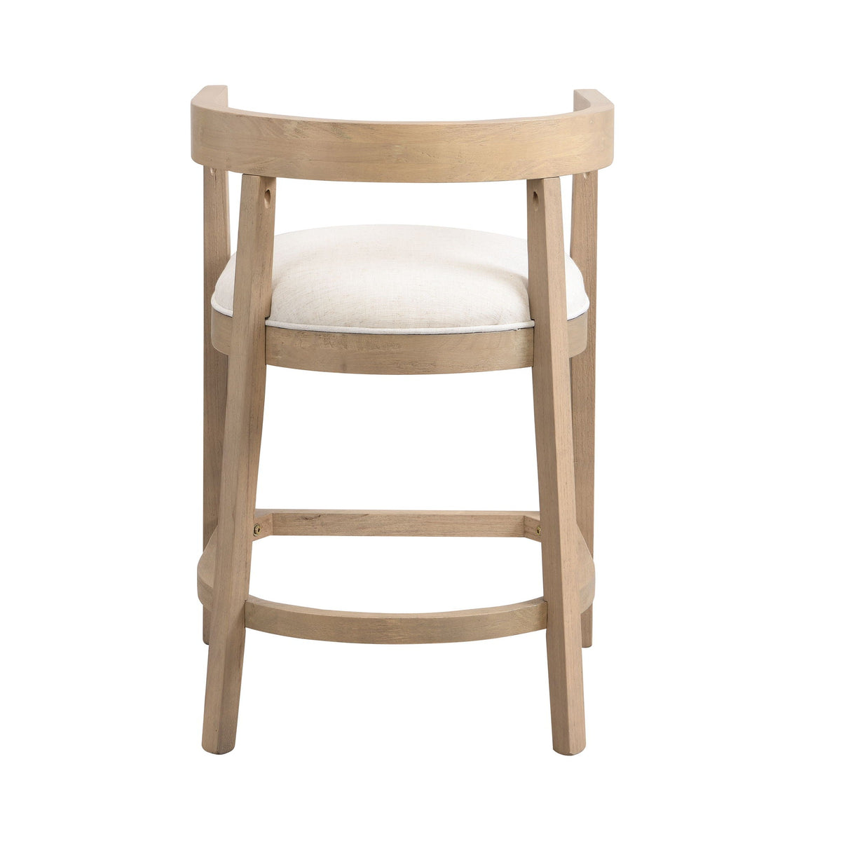 Modern rubberwood counter stool with upholstered beige seat and curved back, light wood finish on Tampa Home & Garden Store