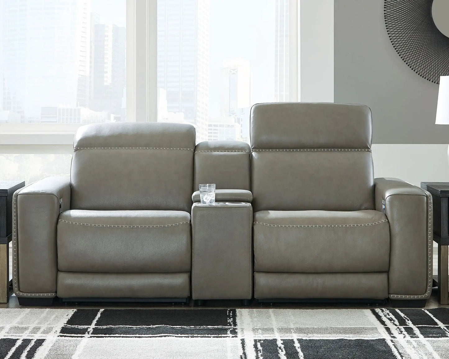 Correze power reclining sectional gray leather with console and stitched trim on Tampa Home & Garden Store