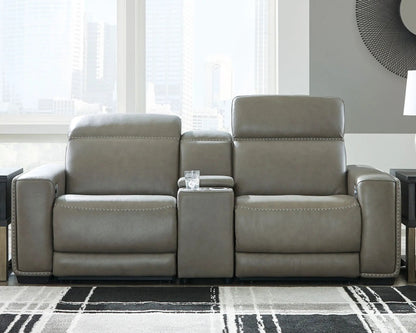 Correze power reclining sectional gray leather with console and stitched trim on Tampa Home & Garden Store