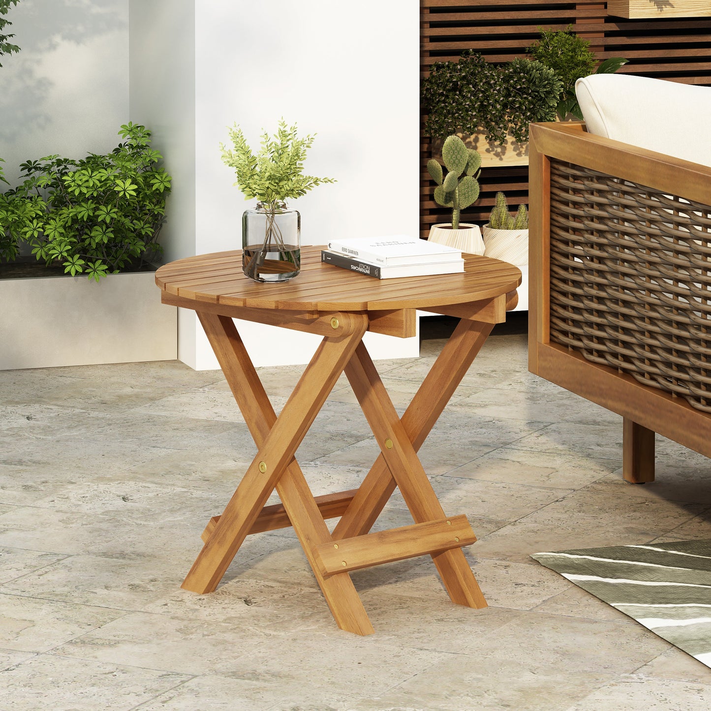 Patio conversation set with foldable acacia wood table and cushioned armchairs by HouseOfZazla on Tampa Home & Garden Store