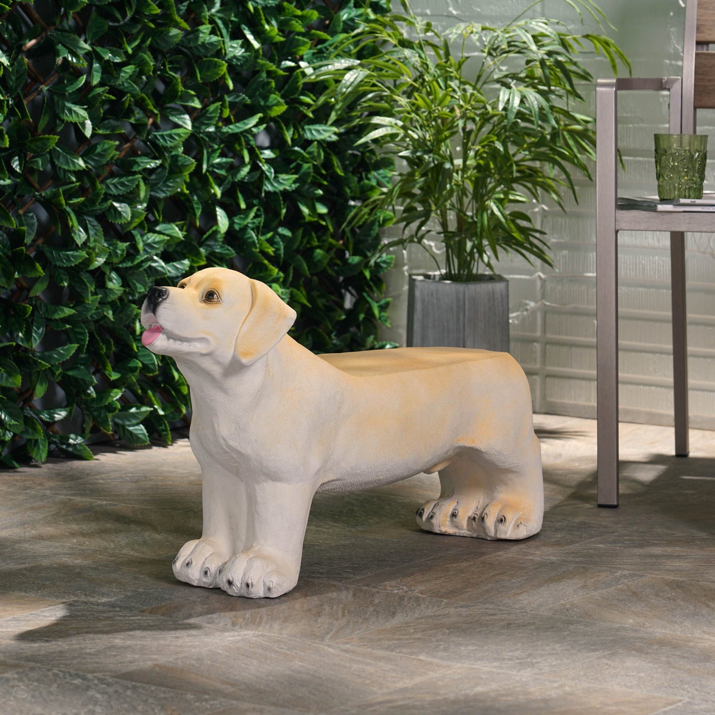 MGO Dog Bench outdoor light brown dog-shaped garden bench on Tampa Home & Garden Store