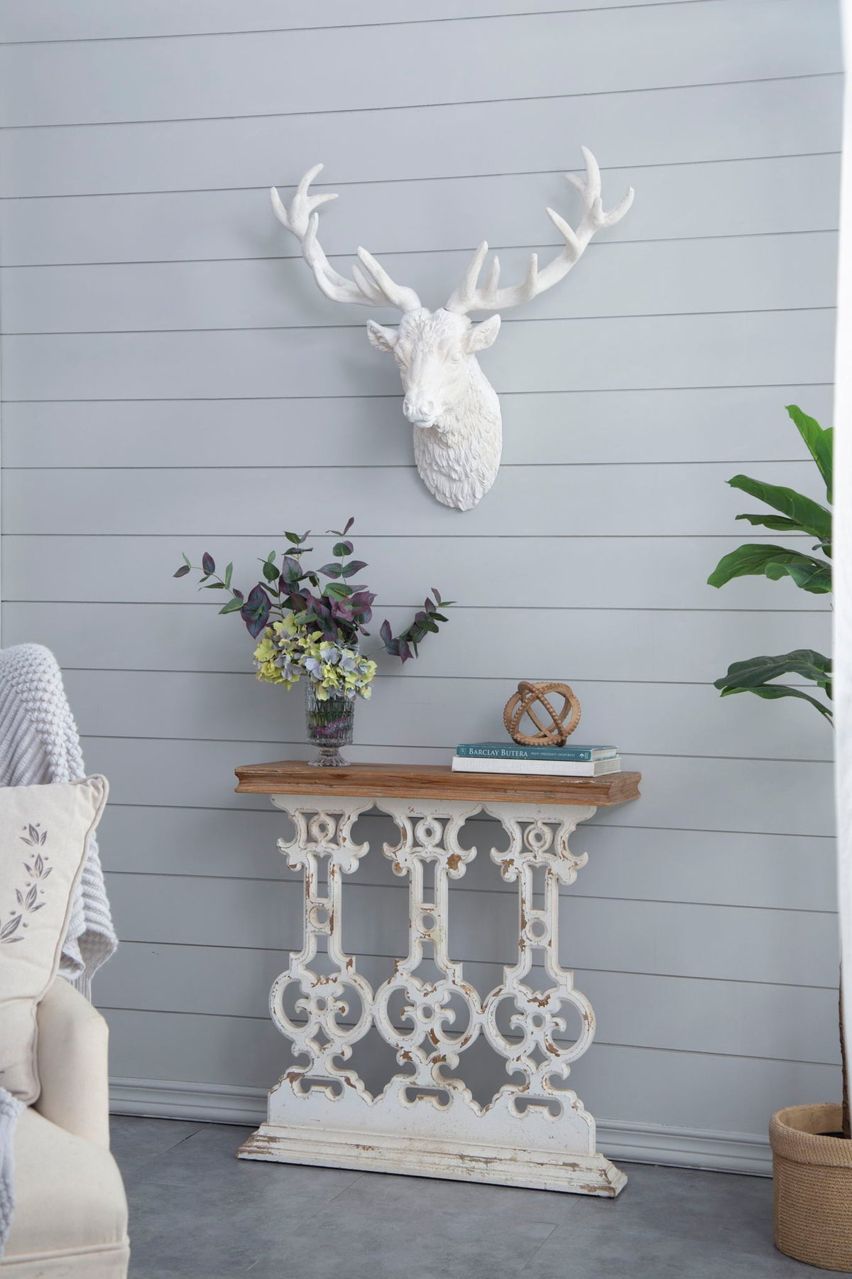 Console table with wood top and ornate antique white base by HouseOfZazla on Tampa Home & Garden Store