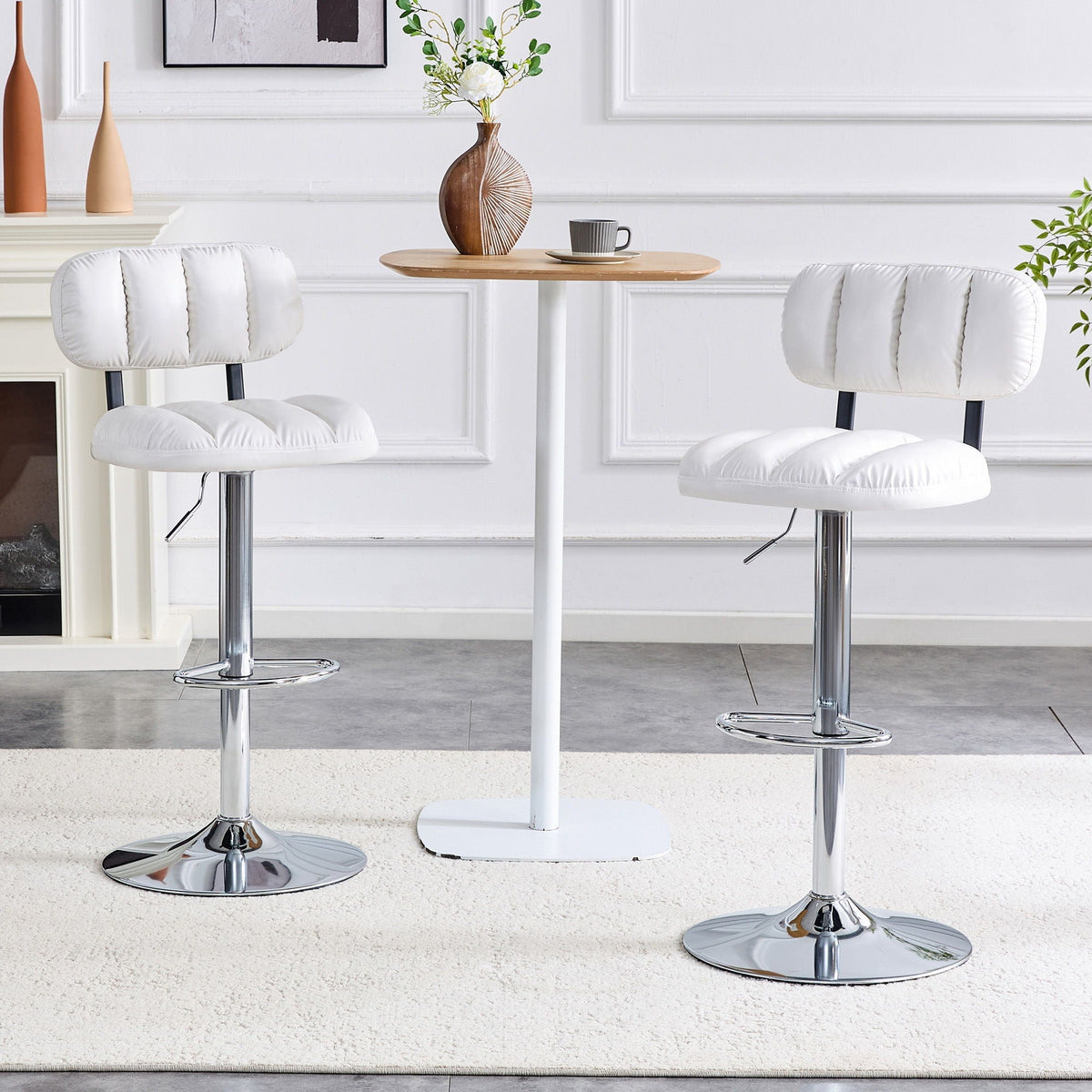 Adjustable height bar stools with footrests, white cushioned seats and chrome bases (set of 2) on Tampa Home & Garden Store