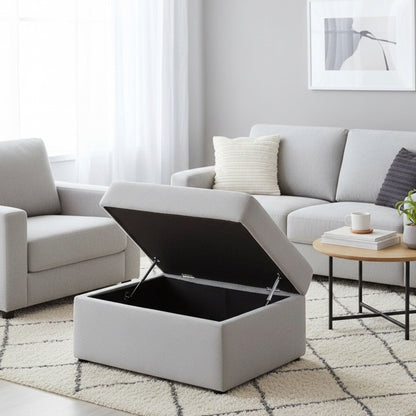 Gray storage ottoman with hidden storage, lid open to reveal interior in living room on Tampa Home & Garden Store