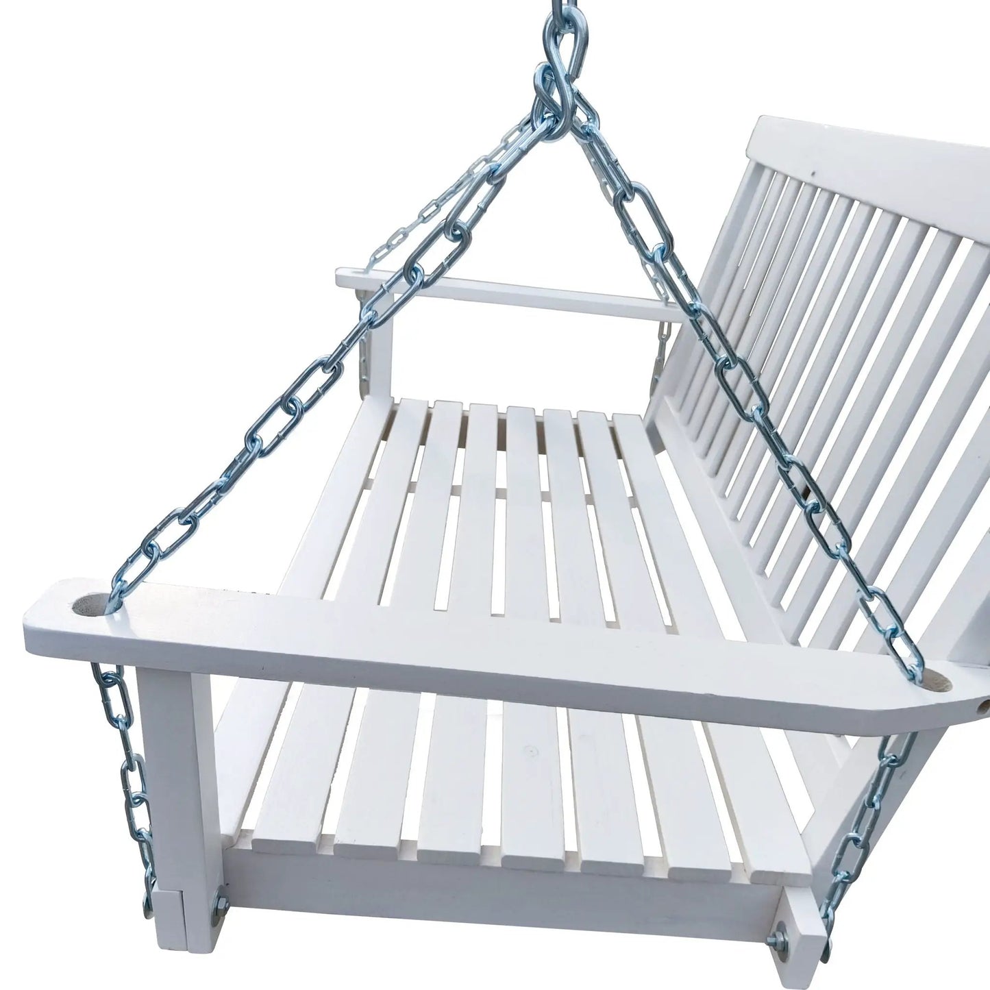 Front porch swing with armrests, white wooden outdoor patio swing on sturdy metal chains on Tampa Home & Garden Store