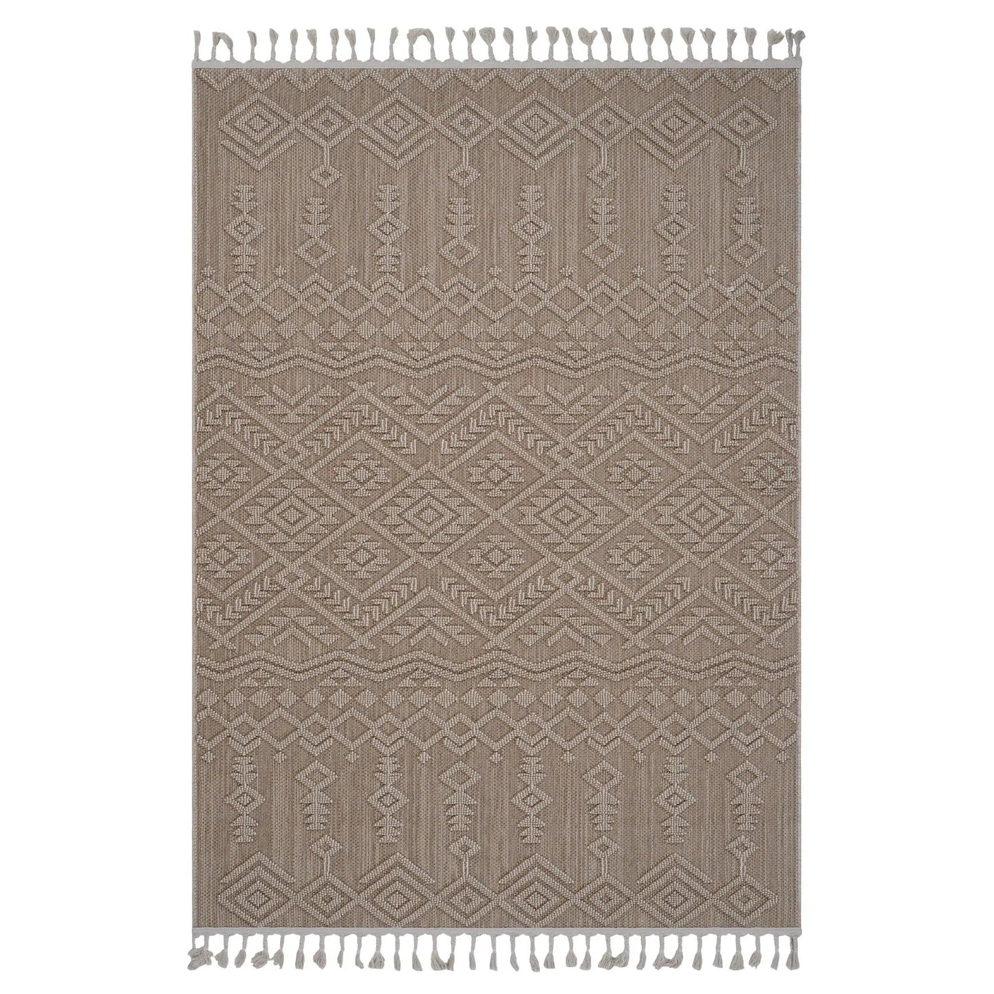 Guros indoor outdoor rug taupe with diamond geometric pattern and fringe tassels on Tampa Home & Garden Store