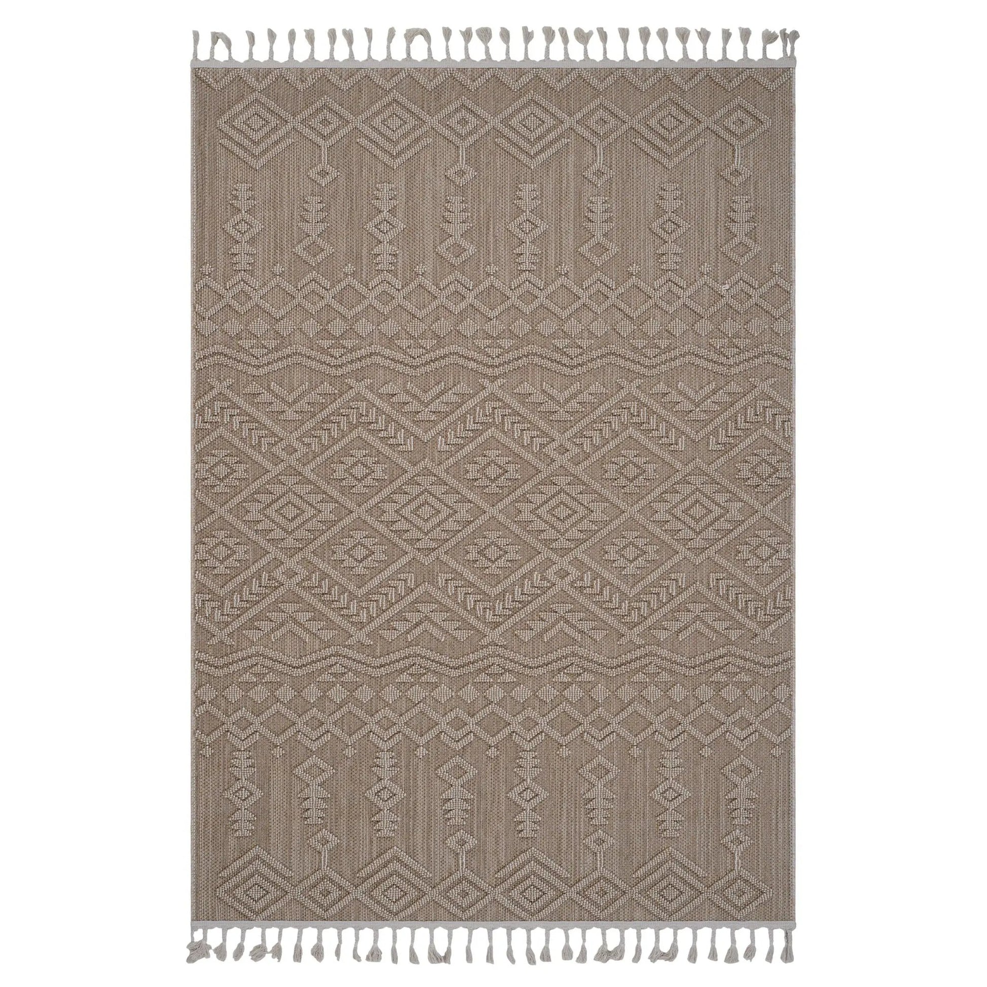 Guros indoor outdoor rug taupe with diamond geometric pattern and fringe tassels on Tampa Home & Garden Store