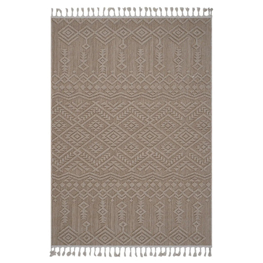 Guros Trendy Traditional Indoor/Outdoor Rug taupe brown geometric pattern fringe on Tampa Home & Garden Store