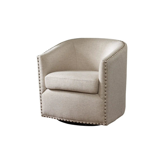 Luxurious swivel chair beige fabric with nailhead trim and curved arms on Tampa Home & Garden Store