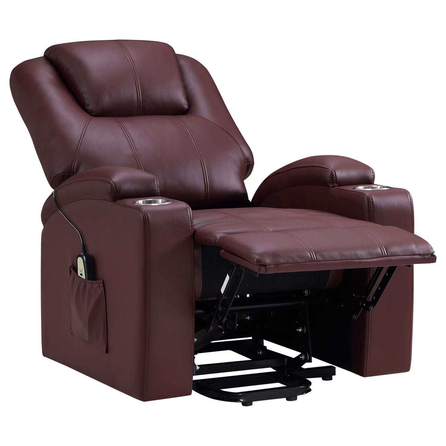 Macklin power lift massage recliner with heat and dual cupholders in burgundy leather on Tampa Home & Garden Store