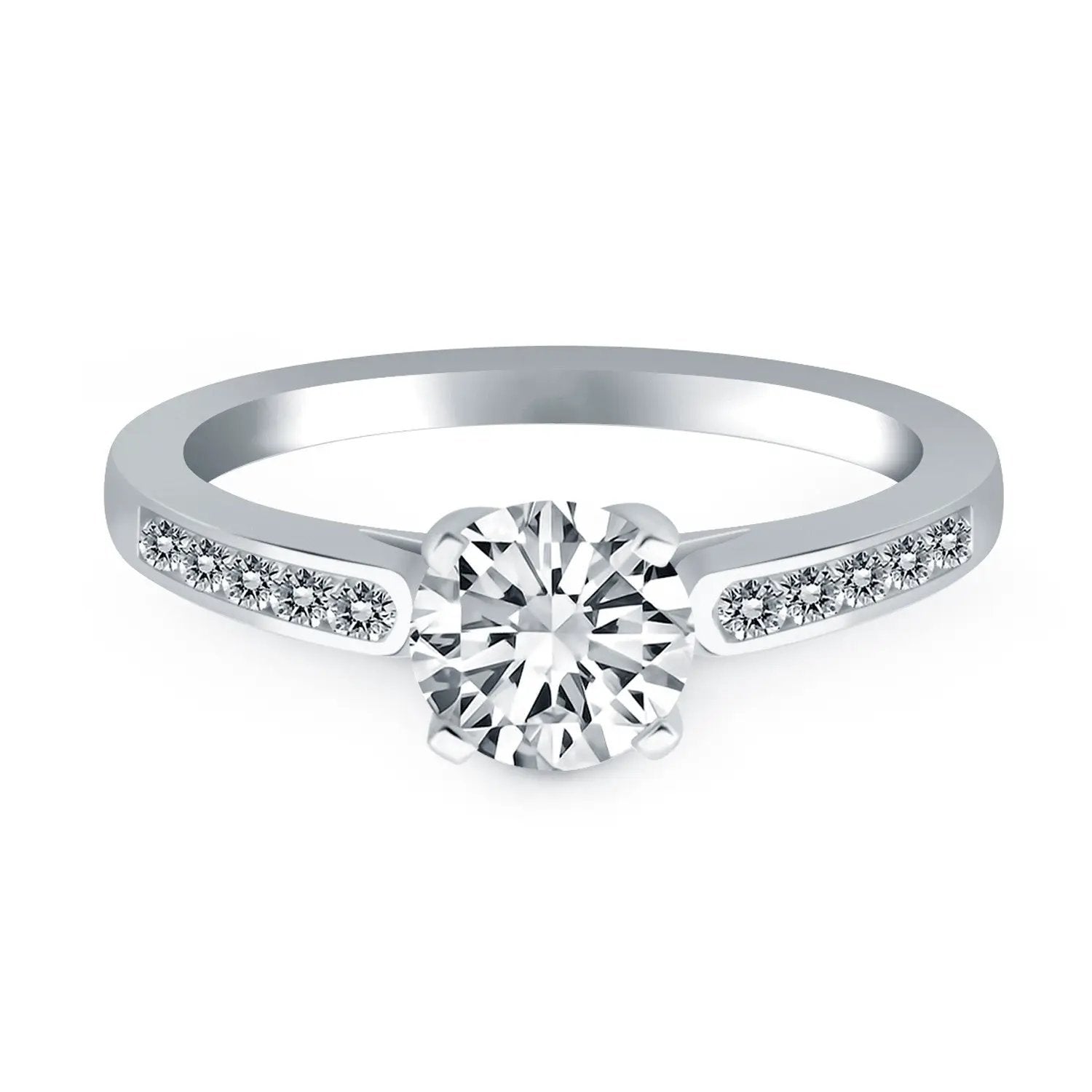 14k white gold ring with center diamond and pave side diamonds in channel cathedral setting on Tampa Home & Garden Store