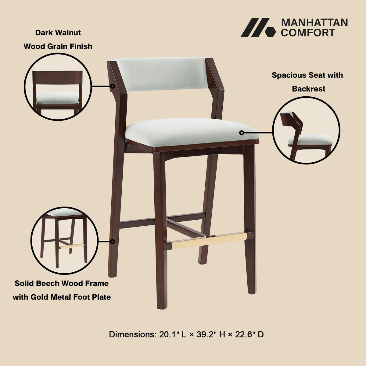 Bar Height Barstool with Backrest pearl upholstery on beech frame with gold foot plate MC on Tampa Home & Garden Store