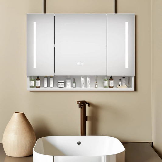 Modern silver 39x28 inch LED wall-mounted medicine cabinet with three mirrored doors on Tampa Home & Garden Store