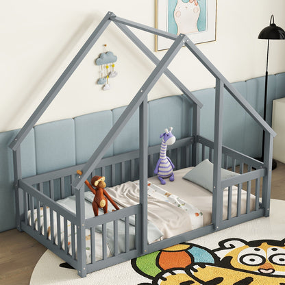 A Wood House Floor Bed with Guardrail Fence