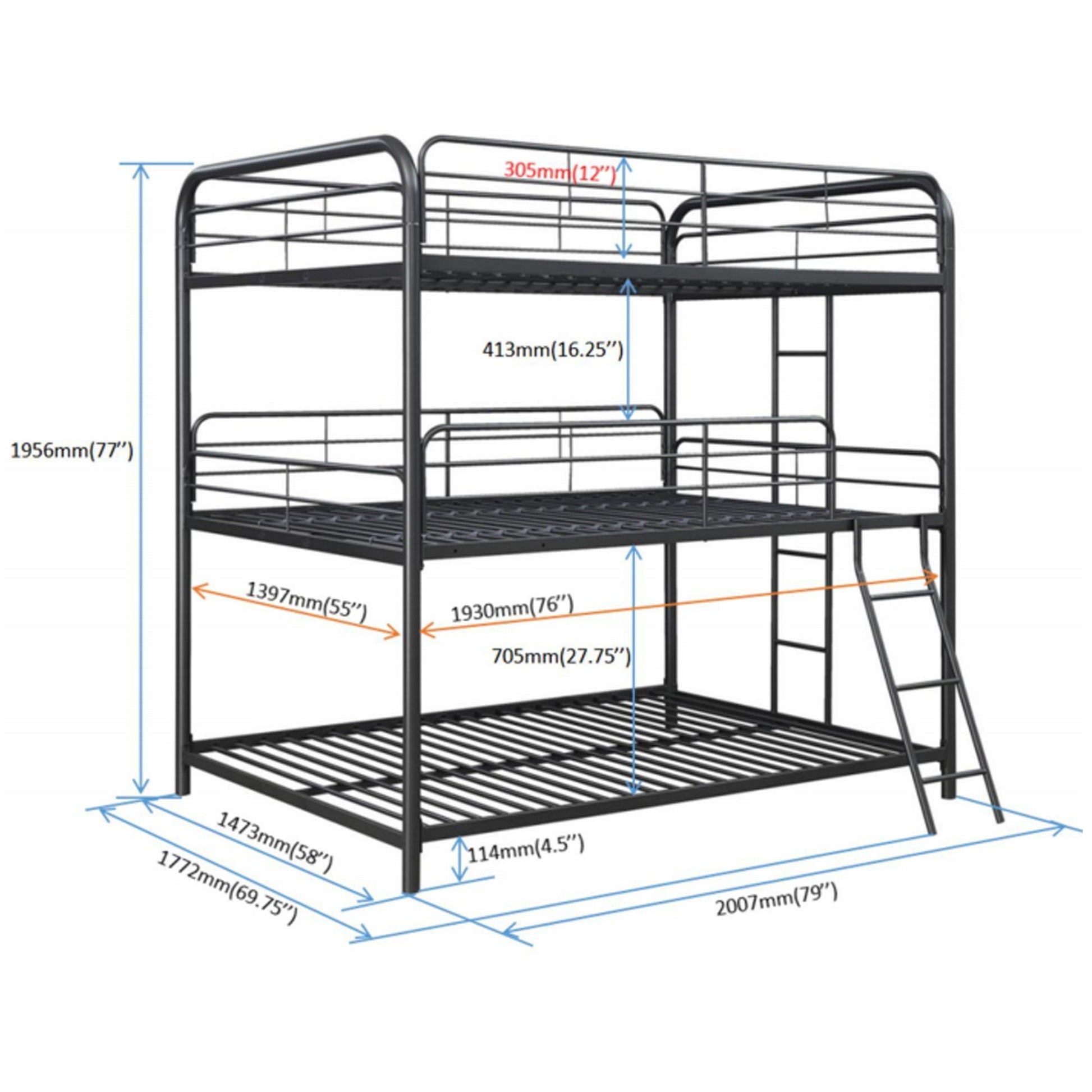 Triple bunk bed full size black metal frame with safe stairs HouseOfZazla on Tampa Home & Garden Store
