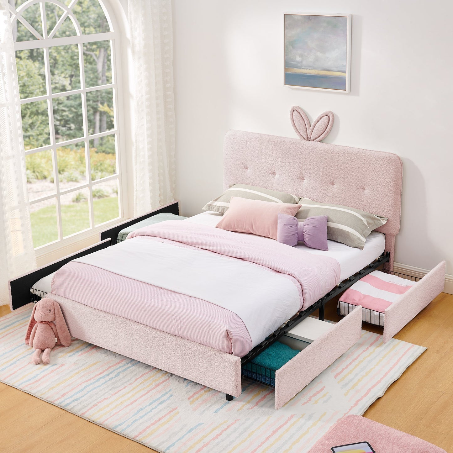 Queen Size Kids Upholstered Bed with Rabbit Ear Headboard, pink storage by HouseOfZazla on Tampa Home & Garden Store