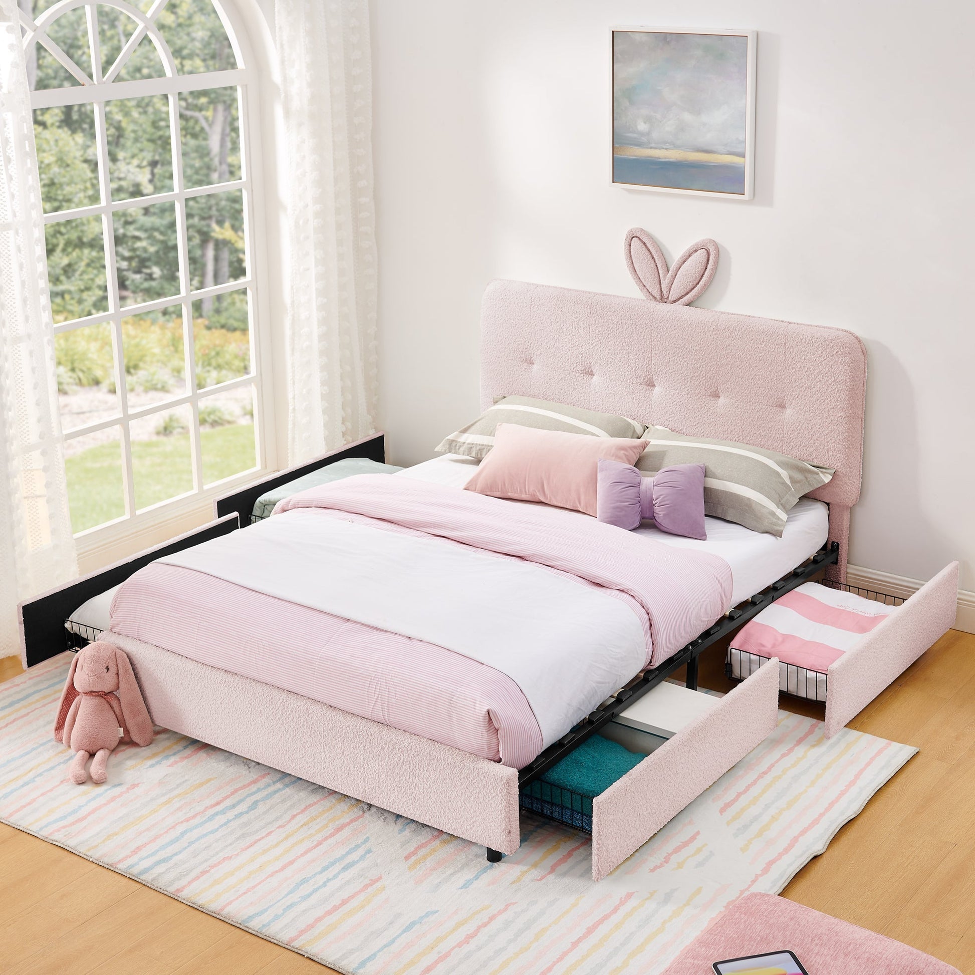 Queen Size Kids Upholstered Bed with Rabbit Ear Headboard, pink storage by HouseOfZazla on Tampa Home & Garden Store