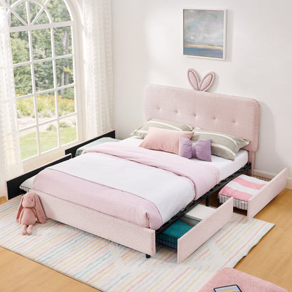 Queen Size Kids Upholstered Bed with Rabbit Ear Headboard, pink storage by HouseOfZazla on Tampa Home & Garden Store