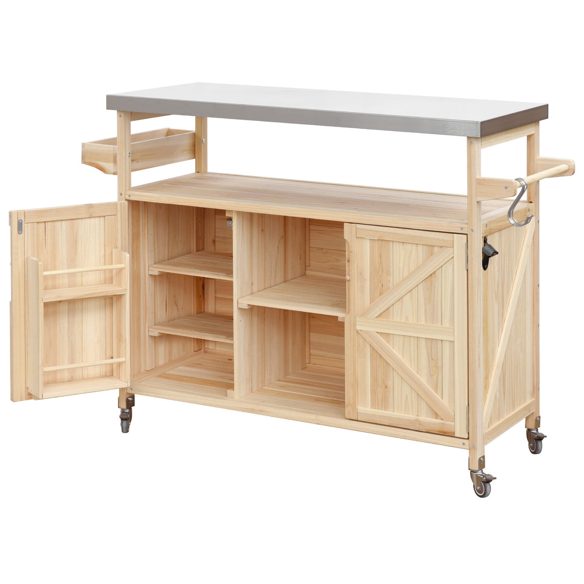 K&K Outdoor Kitchen Island rolling bar cart with stainless steel top on natural wood frame on Tampa Home & Garden Store