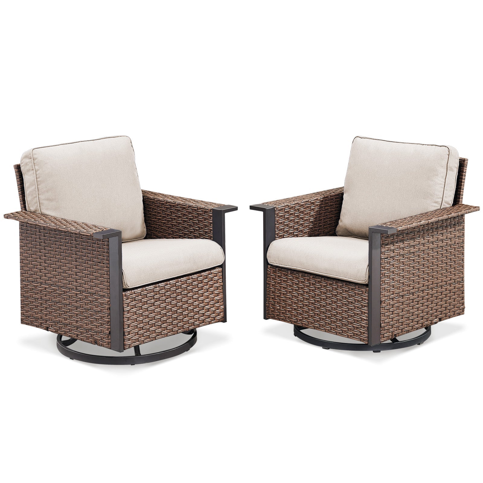 Outdoor swivel rocking chairs, two beige cushions, brown wicker, dark metal accents HouseOfZazla on Tampa Home & Garden Store