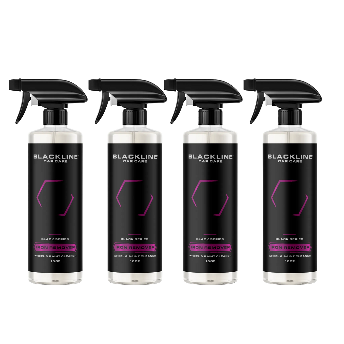 Four BLACKLINE Car Care Iron Remover spray bottles with black labels, 16 oz each on Tampa Home & Garden Store