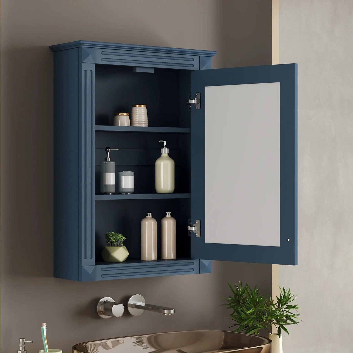 Blue wall-mounted medicine cabinet with mirror over toilet; door open to reveal bottles on shelves on Tampa Home & Garden Store