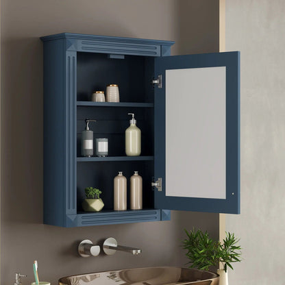 Blue wall-mounted medicine cabinet with mirror over toilet; door open to reveal bottles on shelves on Tampa Home & Garden Store