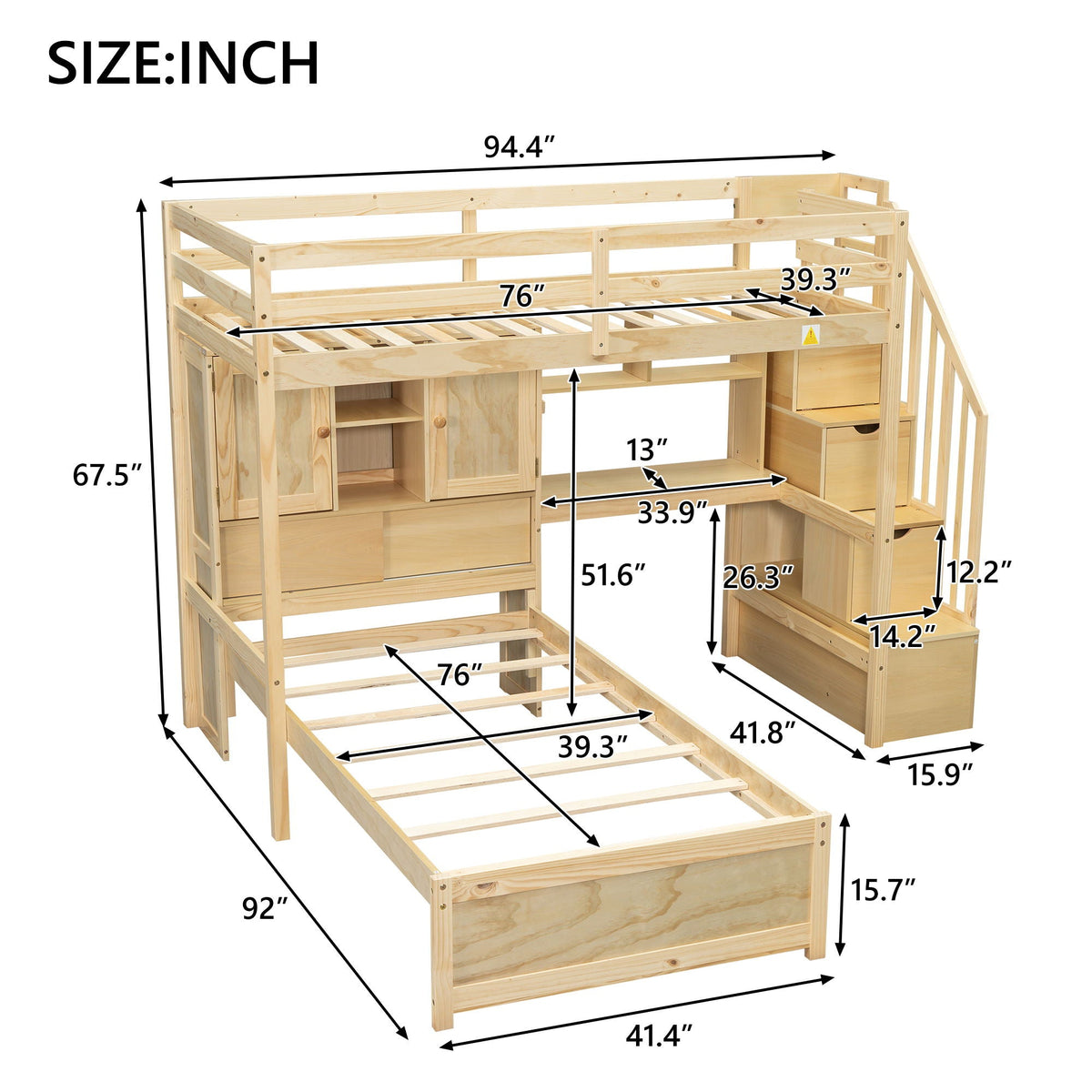 Loft bed with built-in desk and staircase in natural wood by HouseOfZazla on Tampa Home & Garden Store
