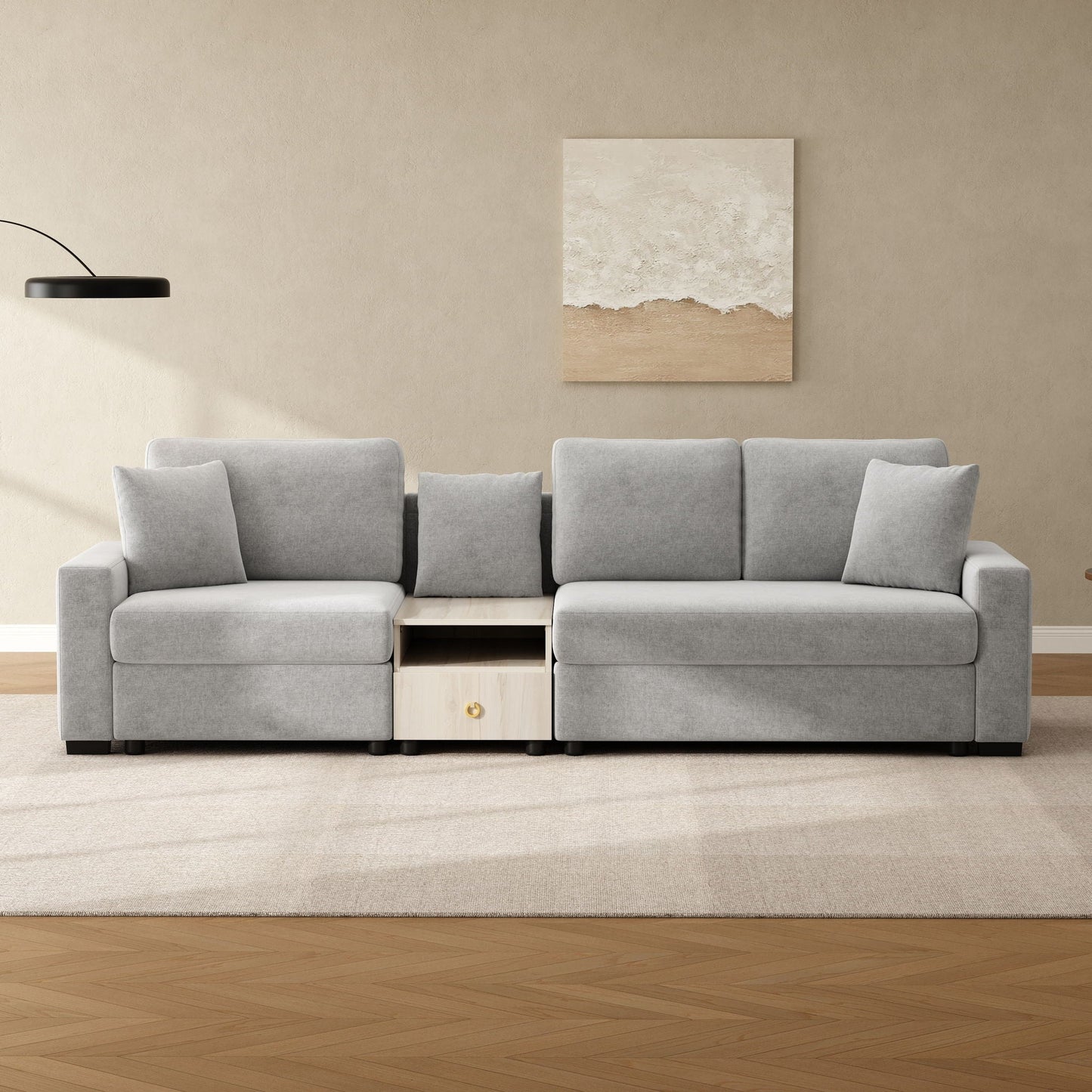 Modular sofa couch with storage armrest and center console in gray fabric by HouseOfZazla on Tampa Home & Garden Store