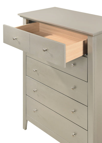 Accent chest in gray with real wood veneers and nickel hardware; top drawer shows light interior on Tampa Home & Garden Store