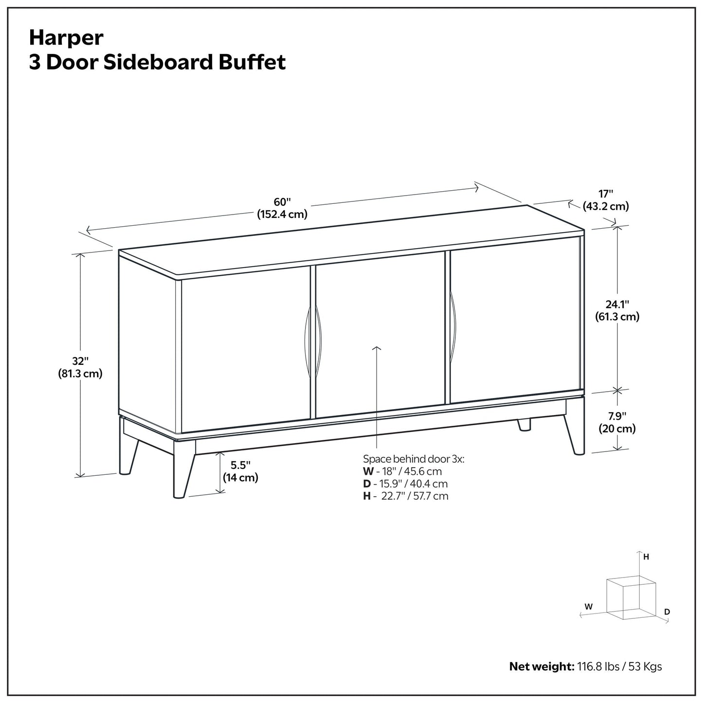 Harper 3 Door Sideboard Buffet Walnut Brown by HouseOfZazla for storage on Tampa Home & Garden Store