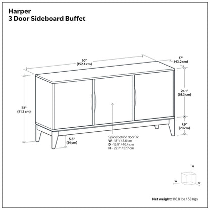 Harper 3 Door Sideboard Buffet Walnut Brown by HouseOfZazla for storage on Tampa Home & Garden Store