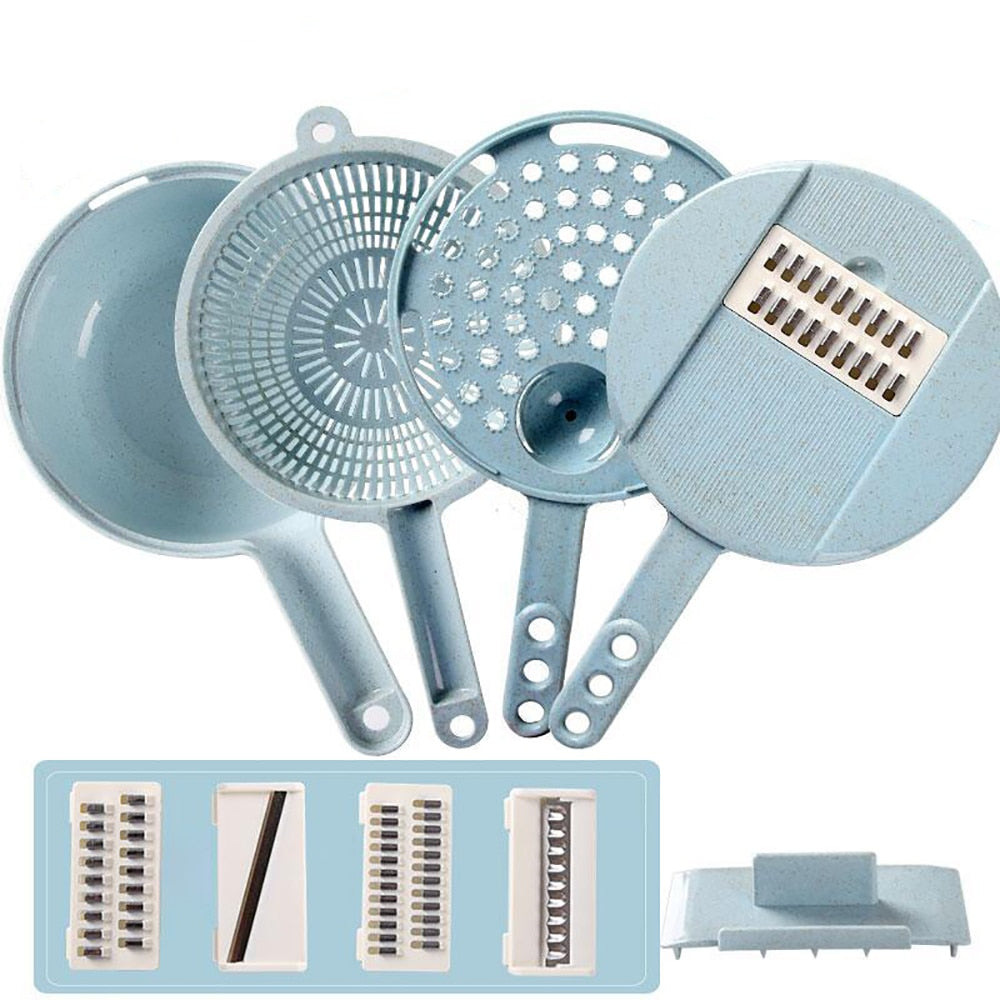 Perfecsy 8-in-1 mandoline slicer set with blue handles, multiple blades, peeler and strainer on Tampa Home & Garden Store