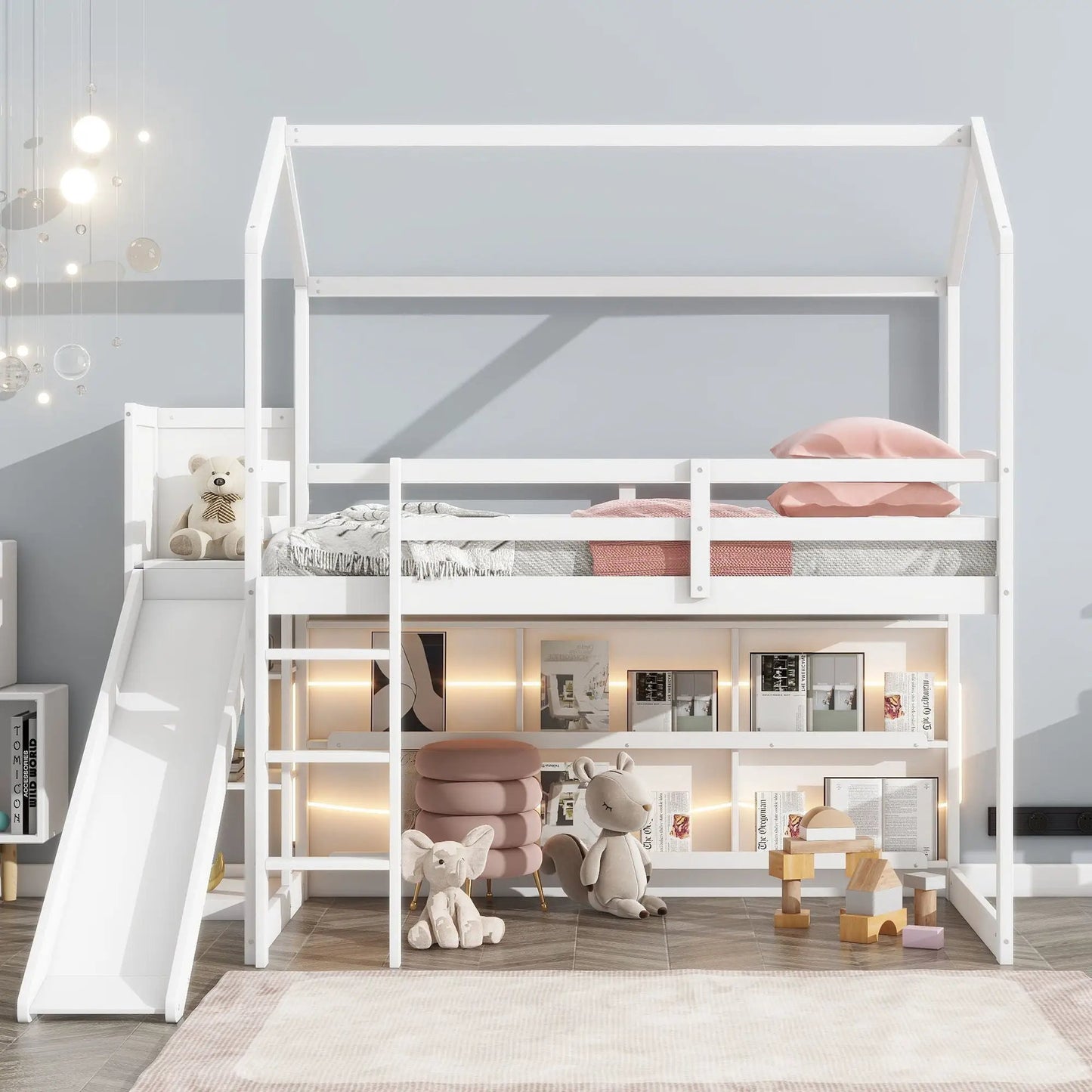 House Loft Bed with Slide and Storage Shelves