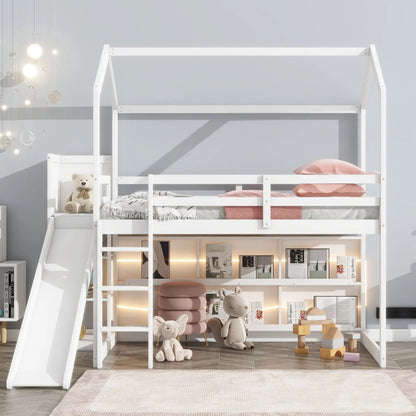 House Loft Bed with Slide and Storage Shelves