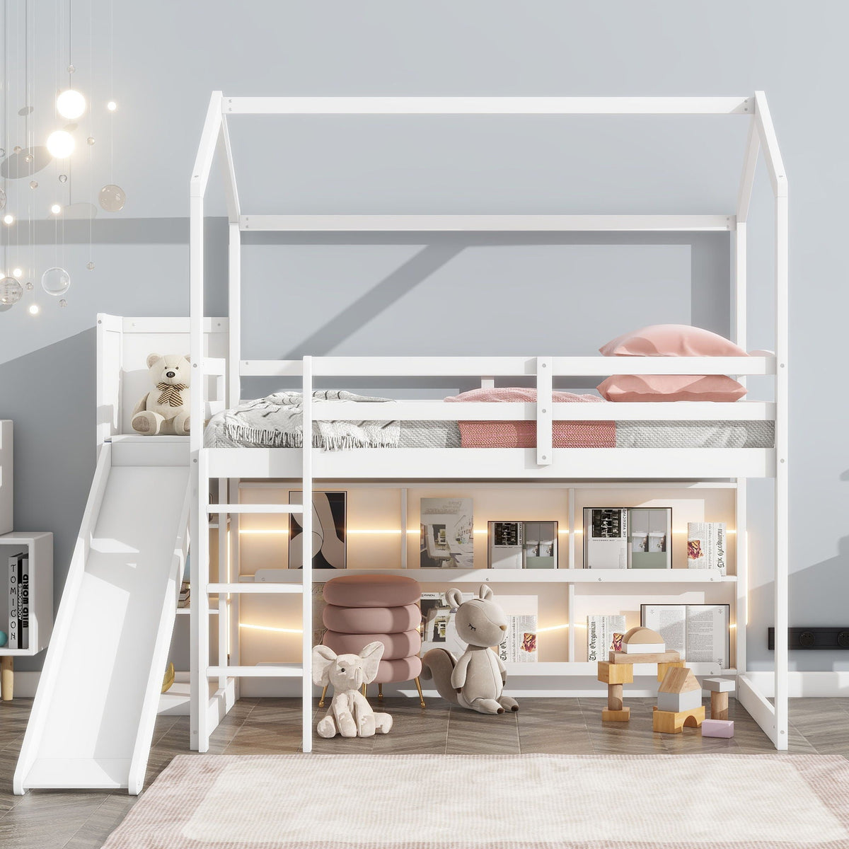 House loft bed with slide, built-in light and storage shelves, climbing ramp on Tampa Home & Garden Store