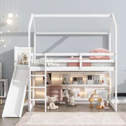 House loft bed with slide, built-in light and storage shelves, climbing ramp on Tampa Home & Garden Store